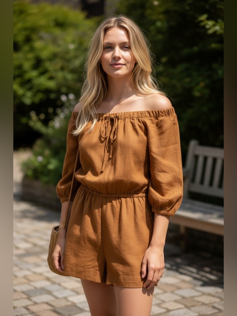 GIANNI BINI GB Terracotta Off The Shoulder Romper Shorts Medium NWT Linen Blend